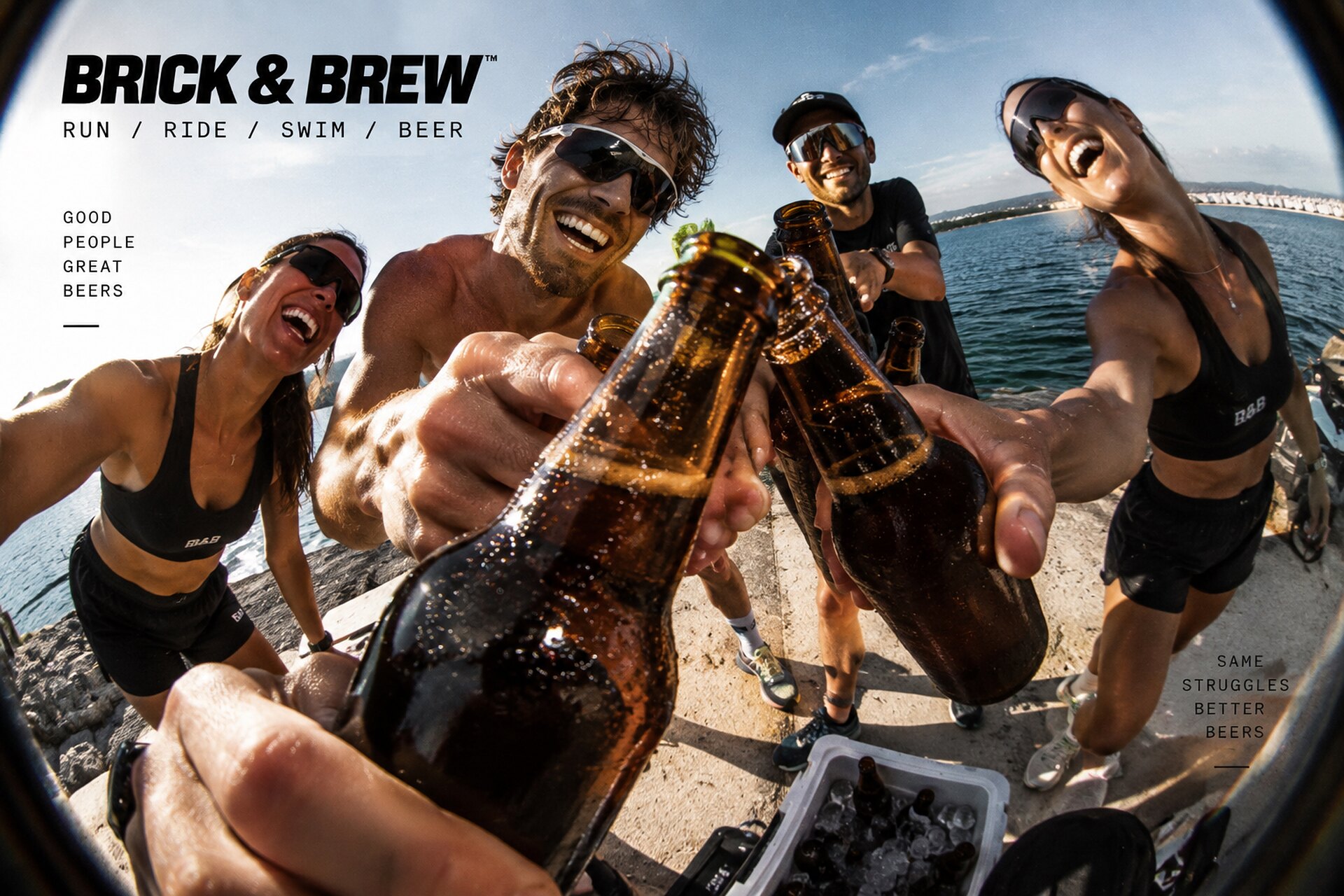 Brick and Brew harbour toast: friends in kit clinking bottles after training. The still already carries the wordmark and slogans.