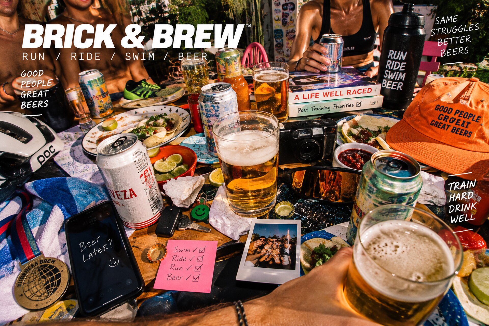 A crowded post-training table: beers in the foreground, tacos, a cycling helmet, and friends still in kit. The still already carries the Brick and Brew lockup and slogans.